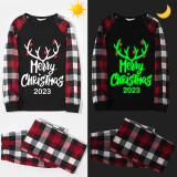 2023 Merry Christmas Antler Christmas Matching Family Pajamas Luminous Glowing Red Pajamas Set