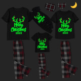 2023 Christmas Matching Family Pajamas Luminous Glowing Merry Christmas Antler Black Short Pajamas Set