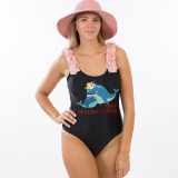 Happy Mother's Day Woman Swimwear Dolphins Flower Shoulder Backless Swimsuits