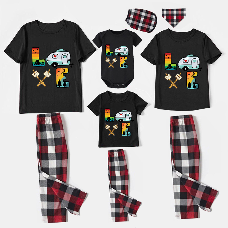 Family Matching Pajamas Camping Love Slogan Black Pajamas Set