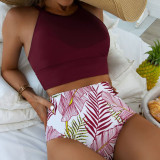 Women Two Pieces Halter Tankini Top Palm Leaves Tropical High Waist Bikini Swimsuit