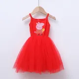 Girls Multicolor Puffy Slip Cartoon Piggy With Doll Sleeveless Dress