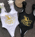 Happy Wedding Day Woman Bride To Be Bride Tribe Besties Bridesmaids Feather Shoulder Backless SwimBodysuit