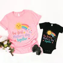 Mommy and Me Tshirt Baby Bodysuit Our First Mother's Day Together Sun Rainbow T-shirts