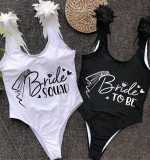 Happy Wedding Day Woman Bride To Be Bride Squad Besties Bridesmaids Feather Shoulder Backless SwimBodysuit