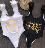 Happy Wedding Day Woman The Party And Wife Of The Party Besties Bridesmaids Feather Shoulder Backless SwimBodysuit