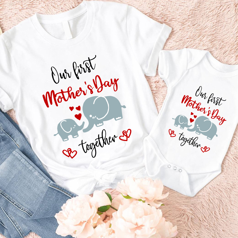 Mommy and Me Tshirt Baby Bodysuit Our First Mother's Day Together Elephants T-shirts