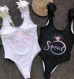 Happy Wedding Day Woman Bride And Squad Besties Bridesmaids Feather Shoulder Backless SwimBodysuit