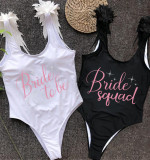 Happy Wedding Day Woman Bride To Be And Bride Squad Besties Bridesmaids Feather Shoulder Backless SwimBodysuit