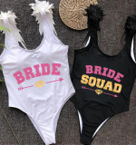 Happy Wedding Day Woman Bride And Bride Squad Besties Bridesmaids Feather Shoulder Backless SwimBodysuit