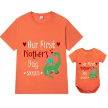 Mommy and Me Tshirt Baby Bodysuit Our First Mother's Day 2023 Dinosaurs T-shirts