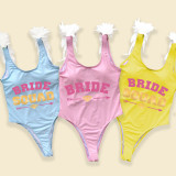 Happy Wedding Day Woman Bride And Bride Squad Besties Bridesmaids Feather Shoulder Backless SwimBodysuit