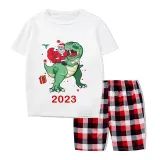 2023 KidsHoo Exclusive Design Christmas Matching Family Pajamas Santa Jurassic Dinosaur White Short Pajamas Set