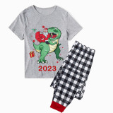 2023 KidsHoo Exclusive Design Christmas Matching Family Pajamas Santa Jurassic Dinosaur Gray Short Pajamas Set