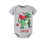 2023 KidsHoo Exclusive Design Christmas Matching Family Pajamas Santa Jurassic Dinosaur Gray Short Pajamas Set