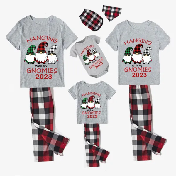 2023 Christmas Matching Family Pajamas Hanging With My Gnomies Short Gray Plaids Pajamas Set