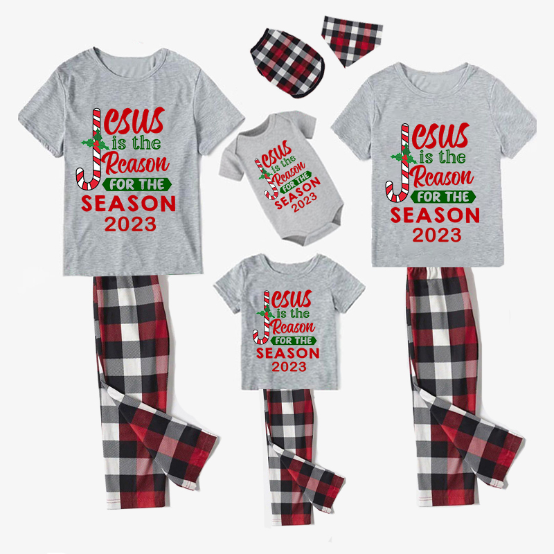 2023 Christmas Matching Family Pajamas Jesus Is The Reason For The Season Black Short Gray Pajamas Set
