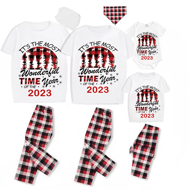 2023 Christmas Matching Family Pajamas Exclusive Design Wonderful Time White Short Pajamas Set