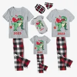 2023 KidsHoo Exclusive Design Christmas Matching Family Pajamas Santa Jurassic Dinosaur Gray Short Pajamas Set