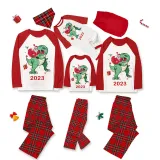 2023 KidsHoo Exclusive Design Christmas Matching Family Pajamas Santa Jurassic Dinosaur Red Top Reindeer Pants Pajamas Set