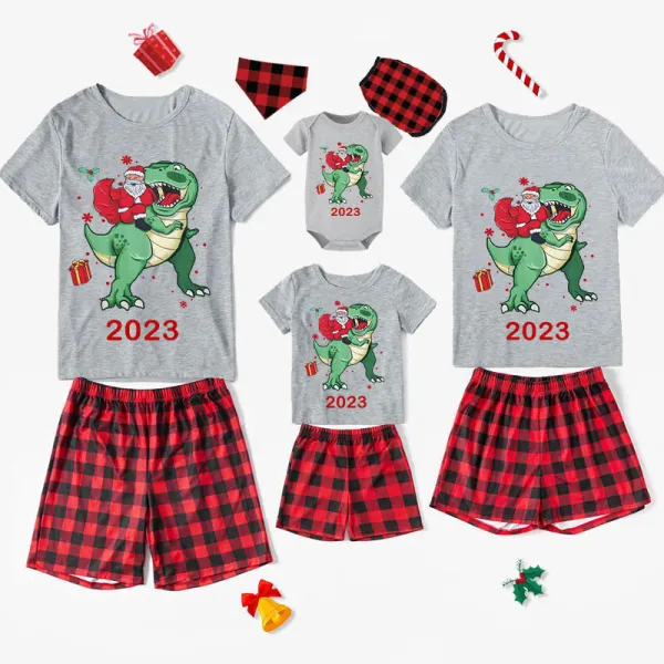 2023 KidsHoo Exclusive Design Christmas Matching Family Pajamas Santa Jurassic Dinosaur White Short Pajamas Set