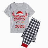 2023 Christmas Matching Family Pajamas Exclusive Design Merry Christmas Hat and Pendant Gray Short Pajamas Set