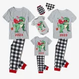 2023 KidsHoo Exclusive Design Christmas Matching Family Pajamas Santa Jurassic Dinosaur Gray Short Pajamas Set