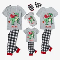 2023 KidsHoo Exclusive Design Christmas Matching Family Pajamas Santa Jurassic Dinosaur Gray Short Pajamas Set