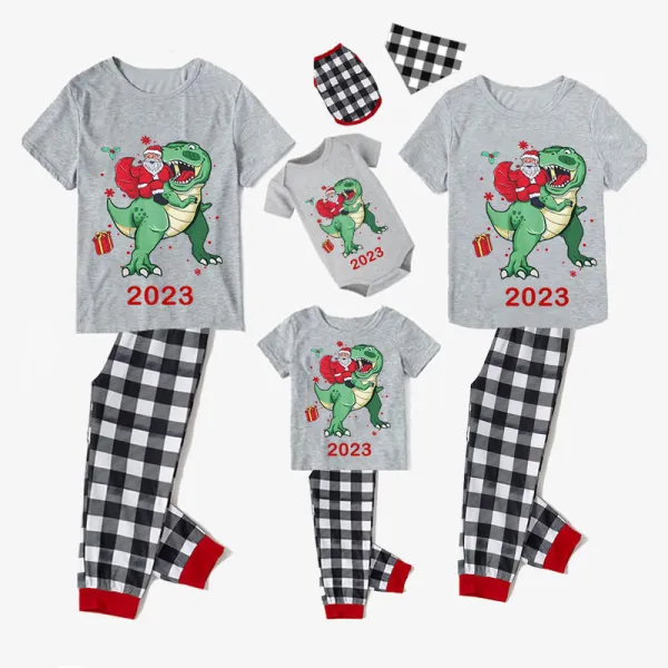 2023 KidsHoo Exclusive Design Christmas Matching Family Pajamas Santa Jurassic Dinosaur Gray Short Pajamas Set