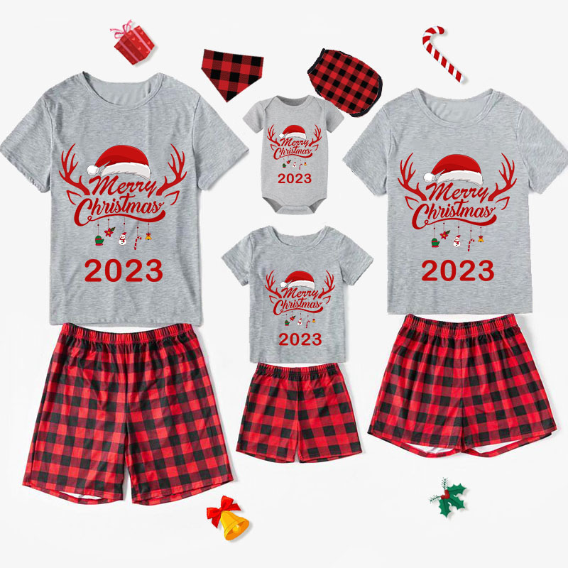 2023 Christmas Matching Family Pajamas Exclusive Design Merry Christmas Hat and Pendant Short Pajamas Set