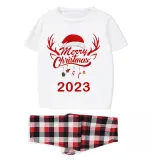 2023 Christmas Matching Family Pajamas Exclusive Design Merry Christmas Hat and Pendant White Short Pajamas Set