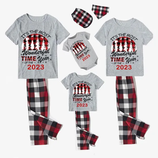 2023 Christmas Matching Family Pajamas Exclusive Design Wonderful Time Gray Short Pajamas Set