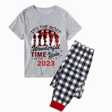 2023 Christmas Matching Family Pajamas Exclusive Design Wonderful Time Gray Short Pajamas Set