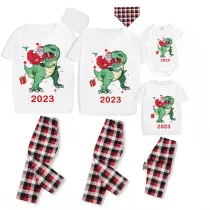 2023 KidsHoo Exclusive Design Christmas Matching Family Pajamas Santa Jurassic Dinosaur White Short Pajamas Set