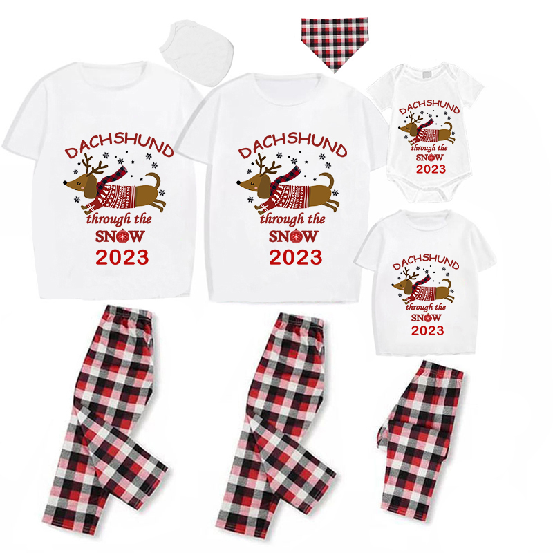 2023 Christmas Matching Family Pajamas Dachshund Through The Snow White Short Pajamas Set