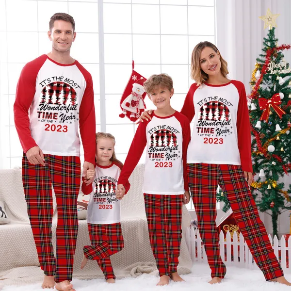 2023 Christmas Matching Family Pajamas Exclusive Design Wonderful Time Red Pajamas Set