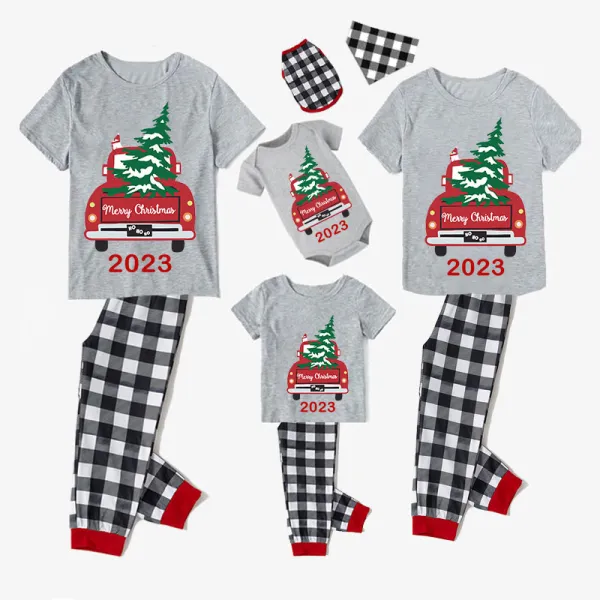 2023 Christmas Matching Family Pajamas Red Plaid Truck with Christmas Tree Gray Short Pajamas Set With Baby Pajamas