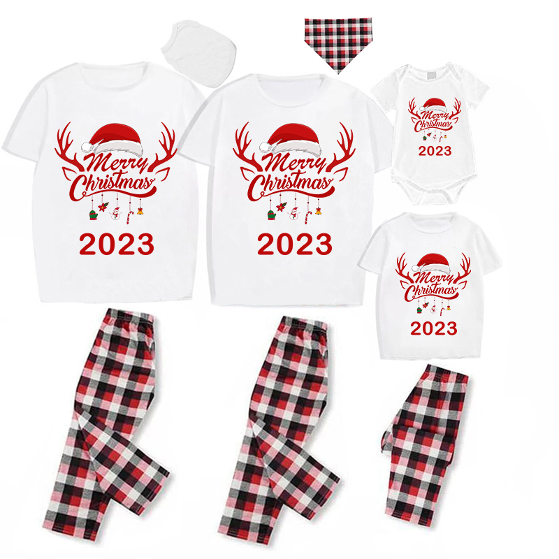 2023 Christmas Matching Family Pajamas Exclusive Design Merry Christmas Hat and Pendant White Short Pajamas Set