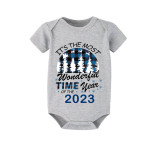 2023 Christmas Matching Family Pajamas Exclusive Design Wonderful Time Short Blue Plaids Pajamas Set