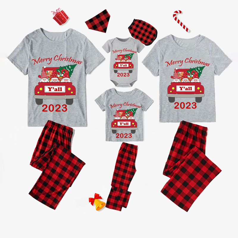 2023 Christmas Matching Family Pajamas Exclusive Design Gnomies Your Are All Merry Christmas Gray Short Plaids Pajamas Set