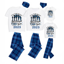 2023 Christmas Matching Family Pajamas Exclusive Design Wonderful Time Short Blue Plaids Pajamas Set