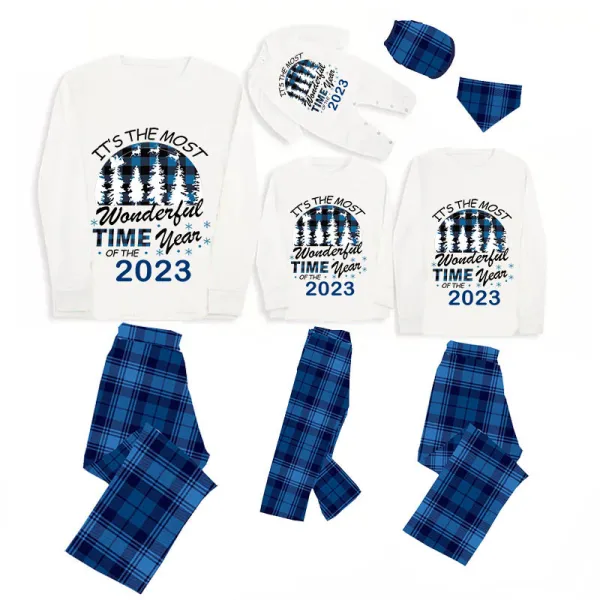 2023 Christmas Matching Family Pajamas Exclusive Design Wonderful Time Blue Plaids Pajamas Set