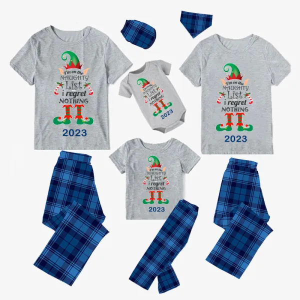 2023 Christmas Matching Family Pajamas Exclusive Design Naughty List Elf Short Blue Plaids Pajamas Set