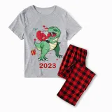 2023 KidsHoo Exclusive Design Christmas Matching Family Pajamas Santa Jurassic Dinosaur Gray Short Pajamas Set