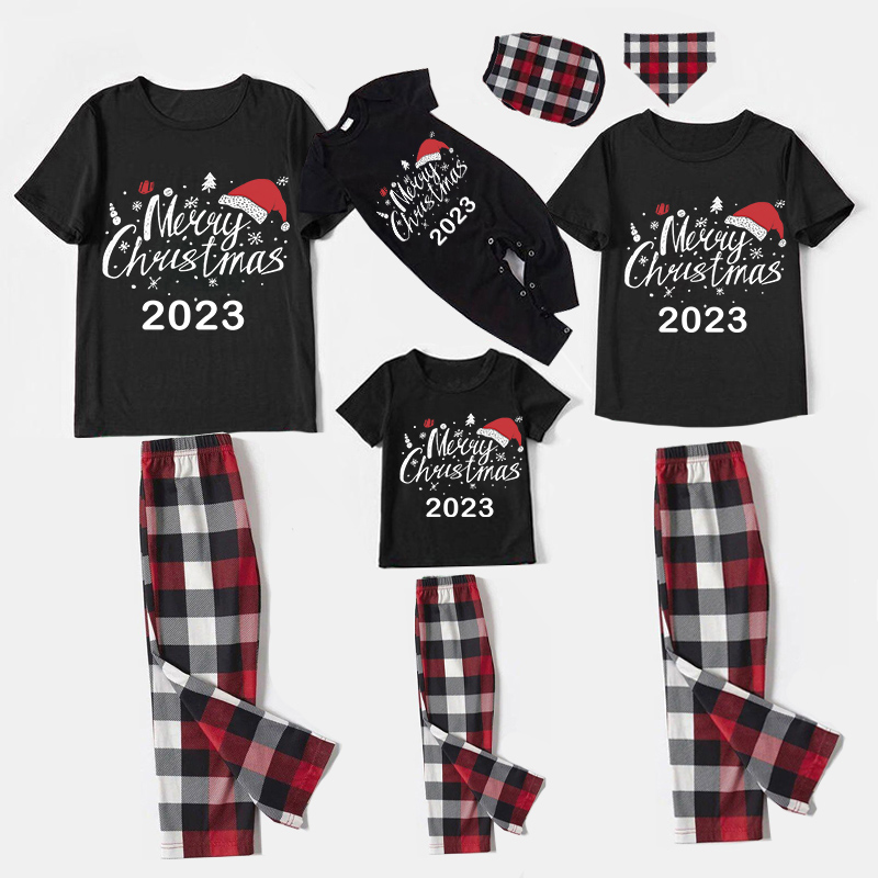 2023 Christmas Matching Family Pajamas Christmas Hat Black Short Pajamas Set
