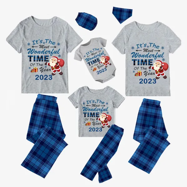 2023 Christmas Matching Family Pajamas Exclusive Design It is The Wonderful Time Short Blue Plaids Pajamas Set
