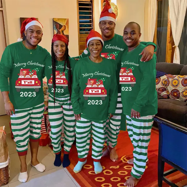 2023 Christmas Matching Family Pajamas Exclusive Design Gnomies Your Are All Merry Christmas Green Stripes Pajamas Set