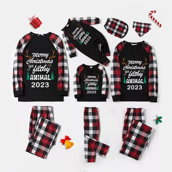 2023 Christmas Matching Family Pajamas Exclusive Design Antler Merry Christmas Black Plaids Pajamas Set