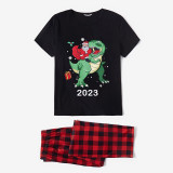 2023 KidsHoo Exclusive Design Christmas Matching Family Pajamas Santa Jurassic Dinosaur Black Pajamas Set