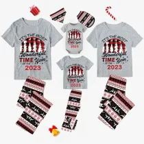2023 Christmas Matching Family Pajamas Exclusive Design Wonderful Time Gray Short Pajamas Set